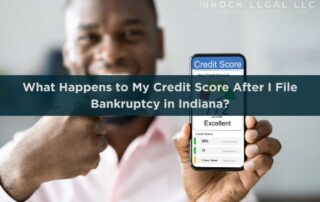 Man holding a phone showing an excellent credit score, header for Indy Finance Law article on credit score after Indiana bankruptcy.