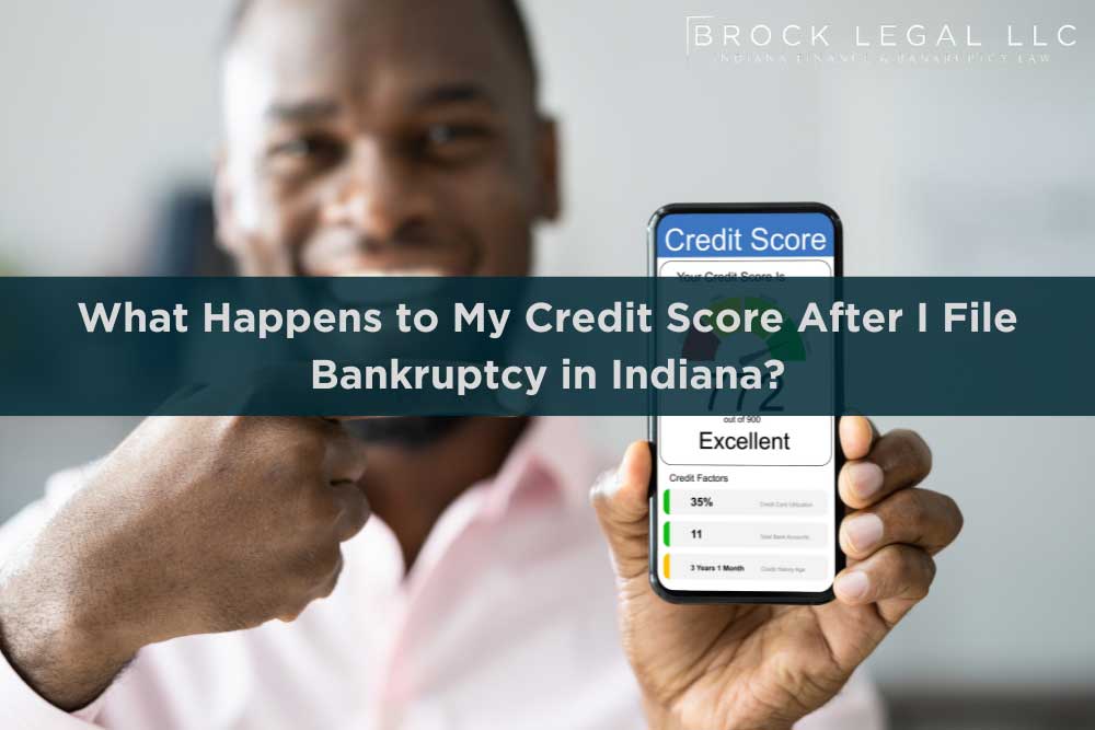 Man holding a phone showing an excellent credit score, header for Indy Finance Law article on credit score after Indiana bankruptcy.