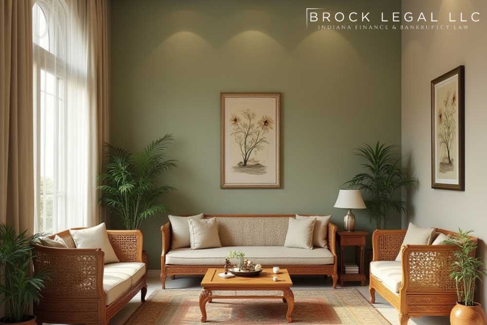 Cozy living room in Indiana home, symbolizing homestead protection during bankruptcy with Brock Legal LLC.