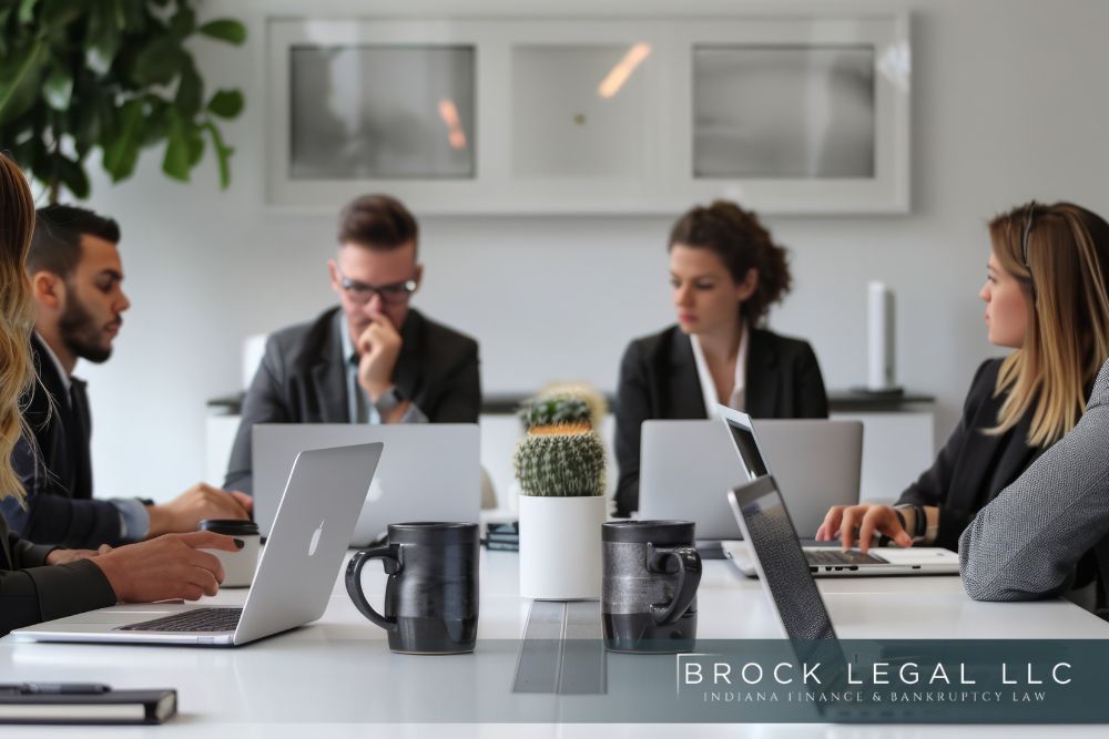 Professional team of Indiana bankruptcy lawyers engaged in a legal consultation around a conference table, with laptops and coffee mugs visible, discussing financial recovery strategies for clients.| Brock Legal, LLC