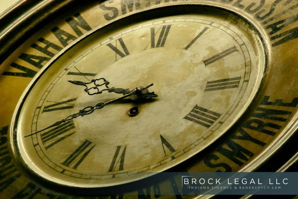 A close-up of an antique clock face with Roman numerals, symbolizing the timely legal consultation provided by a trusted Indiana bankruptcy lawyer at Brock Legal, LLC, dedicated to financial recovery and debt relief in Indiana.| Brock Legal, LLC
