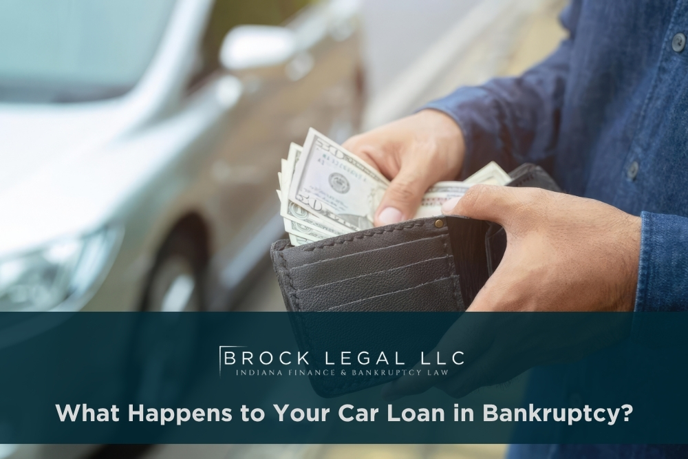 A person in a blue shirt holds an open wallet with cash, standing near a silver car. This image represents financial recovery discussions with a trusted Indiana bankruptcy lawyer at Brock Legal, LLC.| Brock Legal, LLC